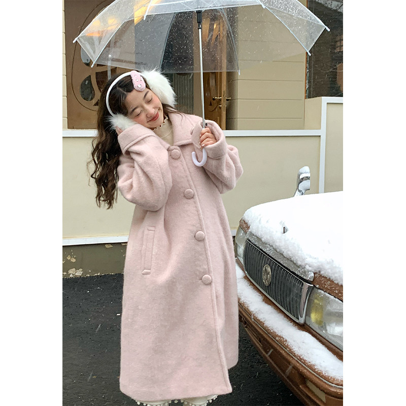 蛋包饭餐厅【书房午后】粉色翻领呢子大衣女秋冬中长款过膝厚外套