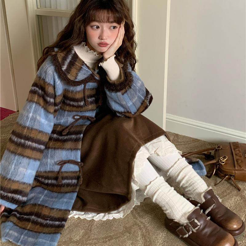 蛋包饭餐厅2025秋冬季女连帽百搭宽松时尚洋气羊毛格子大衣外套