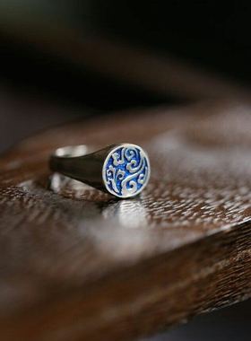 祥云中国元素云纹925素银珐琅手工开口男女国风汉服配饰首饰戒指