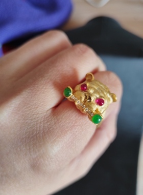 翡翠A蛋面戒指银镀金镶嵌趣味设计感小众法斗大狗狗宠物人士礼物