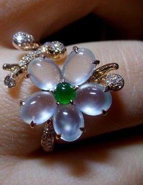 疏影暗香缅甸A货925银镶嵌冰种蛋面梅花设计款小众开口戒指