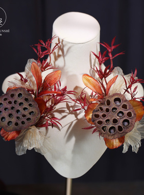 2025新款新中式橙色仿真莲蓬发夹新娘古风旗袍晨袍头饰造型发饰品