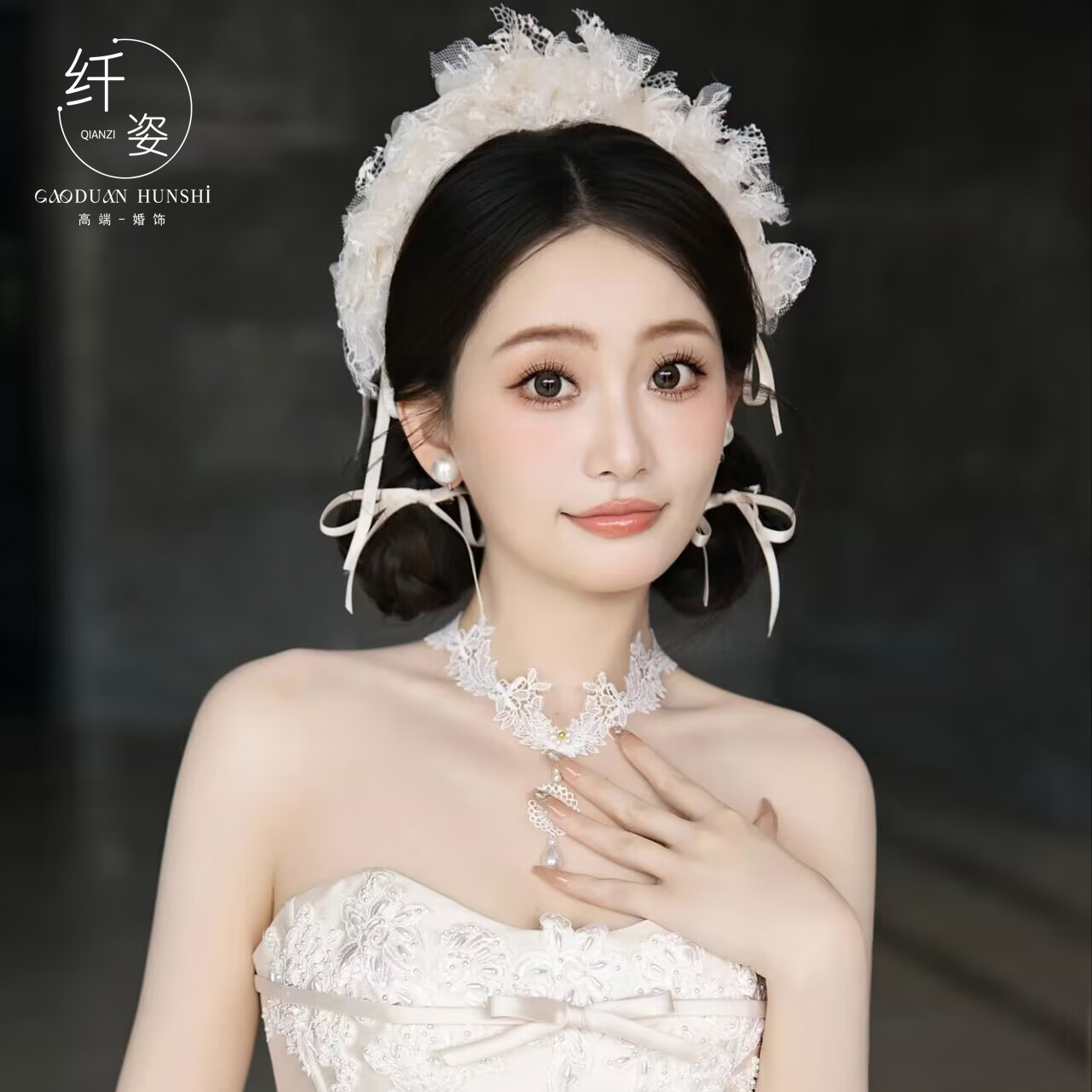 新娘头饰法式复古蕾丝蝴蝶结发箍