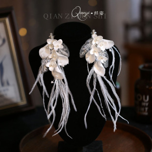 新款超仙奢华新娘耳饰高级感夸张耳夹原创重工花朵羽毛新潮女耳环
