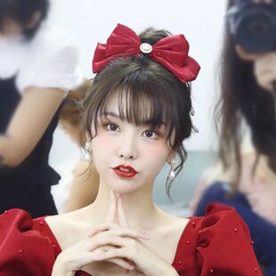 酒红色大蝴蝶结发夹新娘婚礼敬酒服头饰珍珠高级简单大气订婚发卡