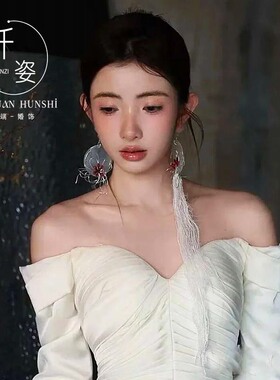 超仙羽毛流苏耳环新娘结婚