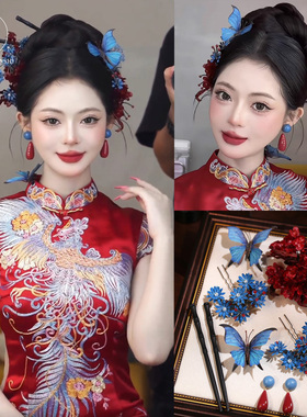2025新款古风蓝色花发簪蝴蝶头饰