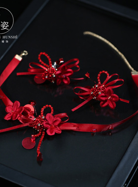 红色立体花朵新娘项链耳环套装