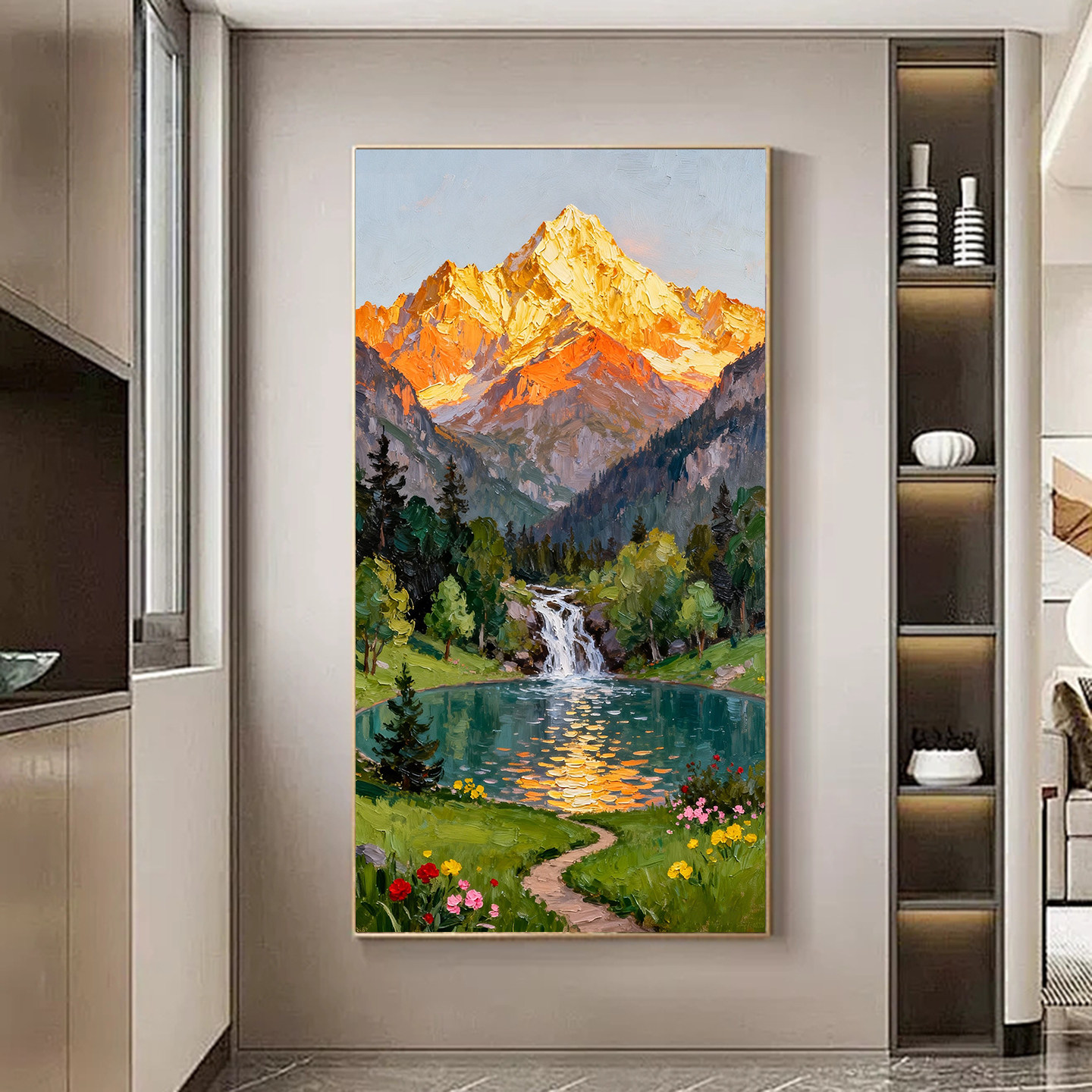 纯手绘油画日照金山聚宝盆中式山水书房玄关装饰画客厅风景艺术画