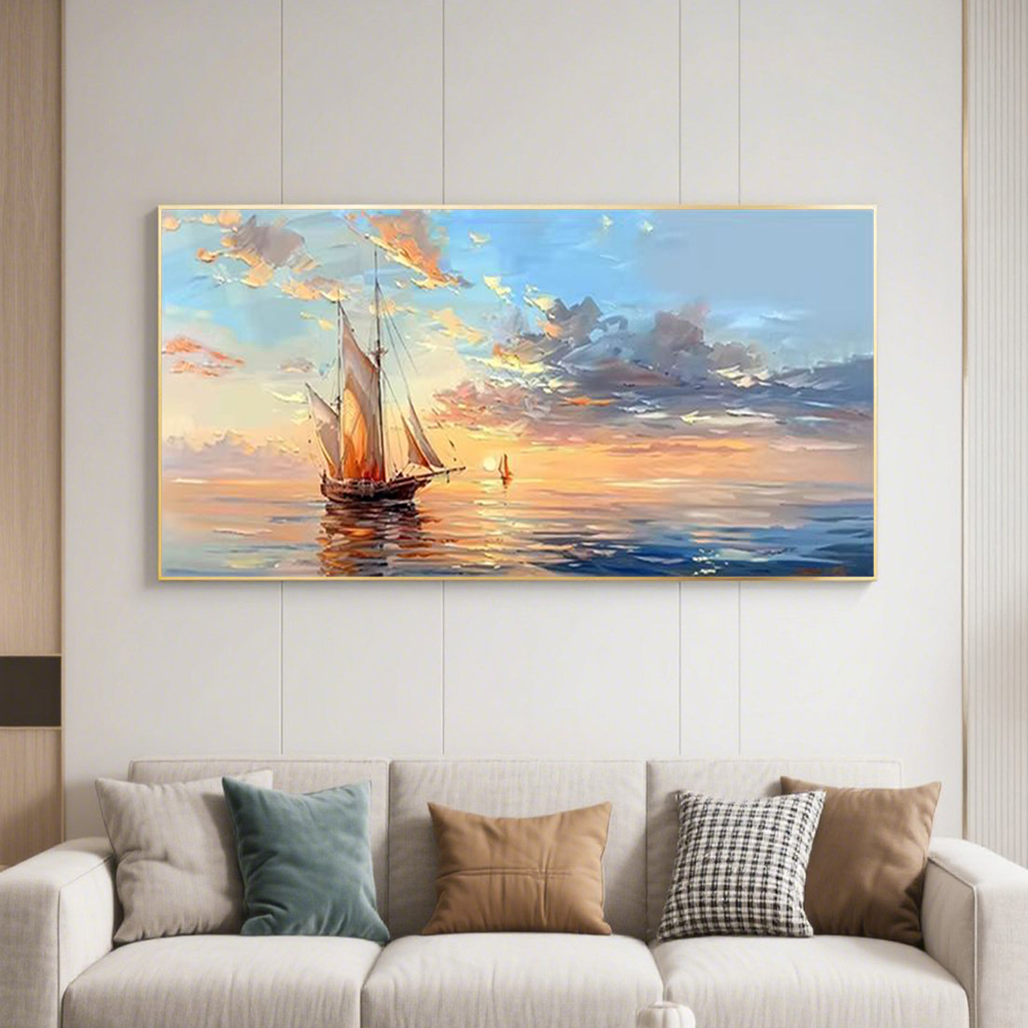 可班手绘油画千帆暮渡横版装饰画