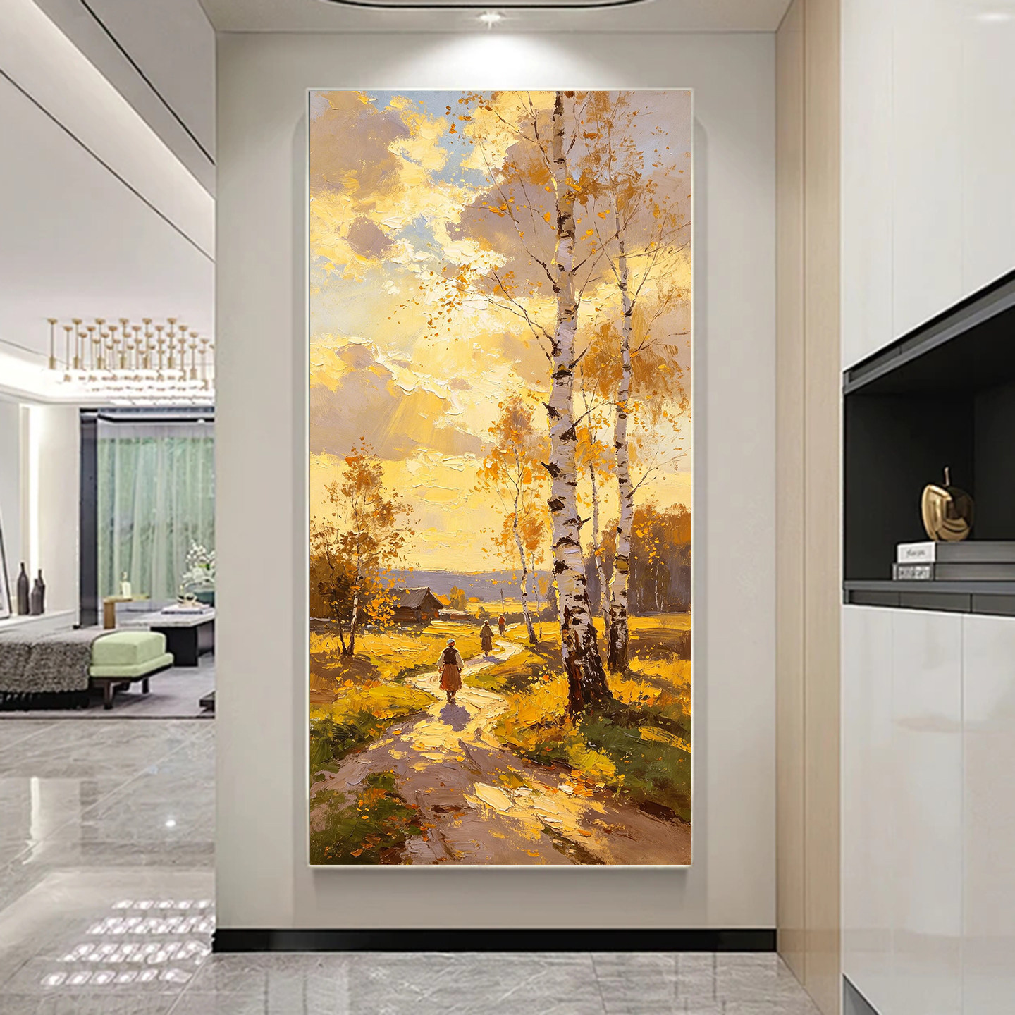 白鹿艺术纯手绘油画金色秋景