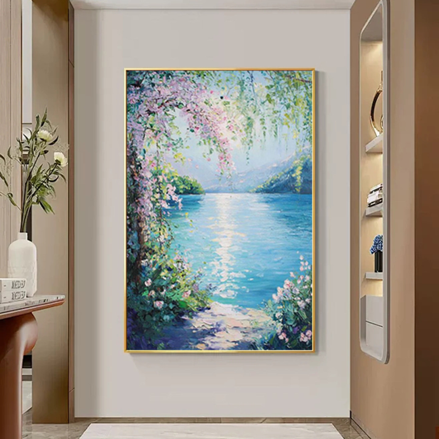可班手绘油画晴湖花径竖版装饰画