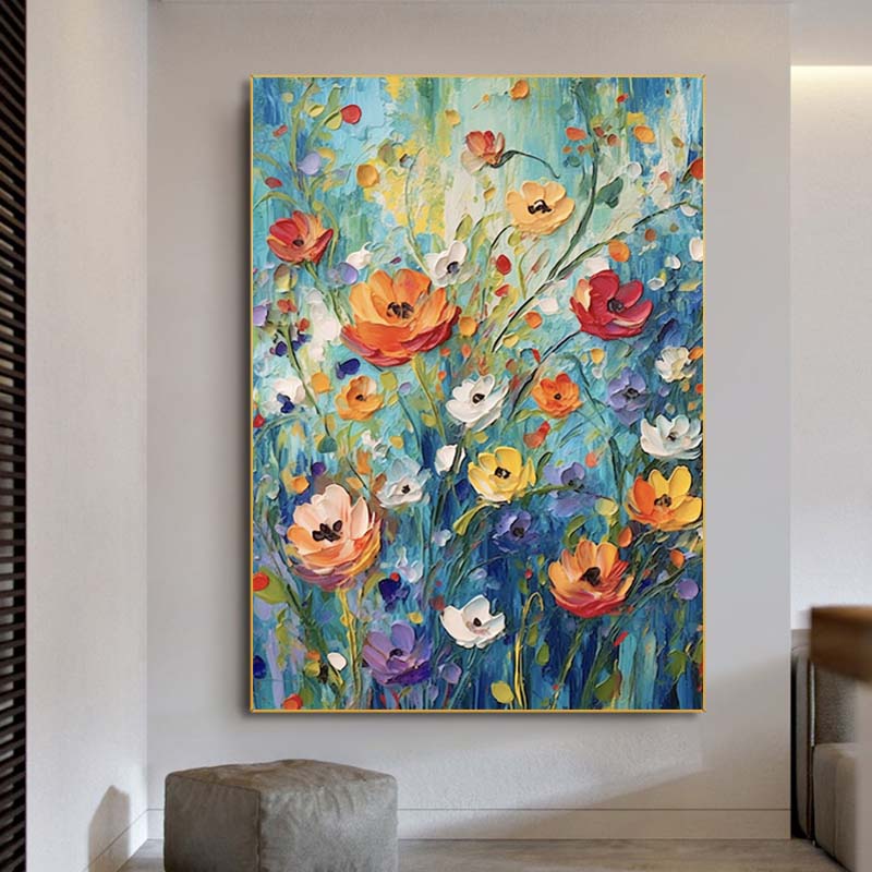 纯手绘油画花海花卉印象油画现代玄关客厅装饰画北欧背景丙烯挂画图片