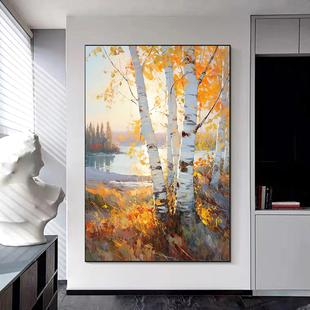 纯手绘油画刀画白桦树印象画风景挂画现代玄关装饰画客厅背景白鹿