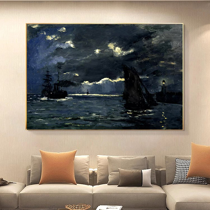 莫奈月光下的海景纯手绘油画印象画北欧丙烯画客厅装饰画艺术挂画图片