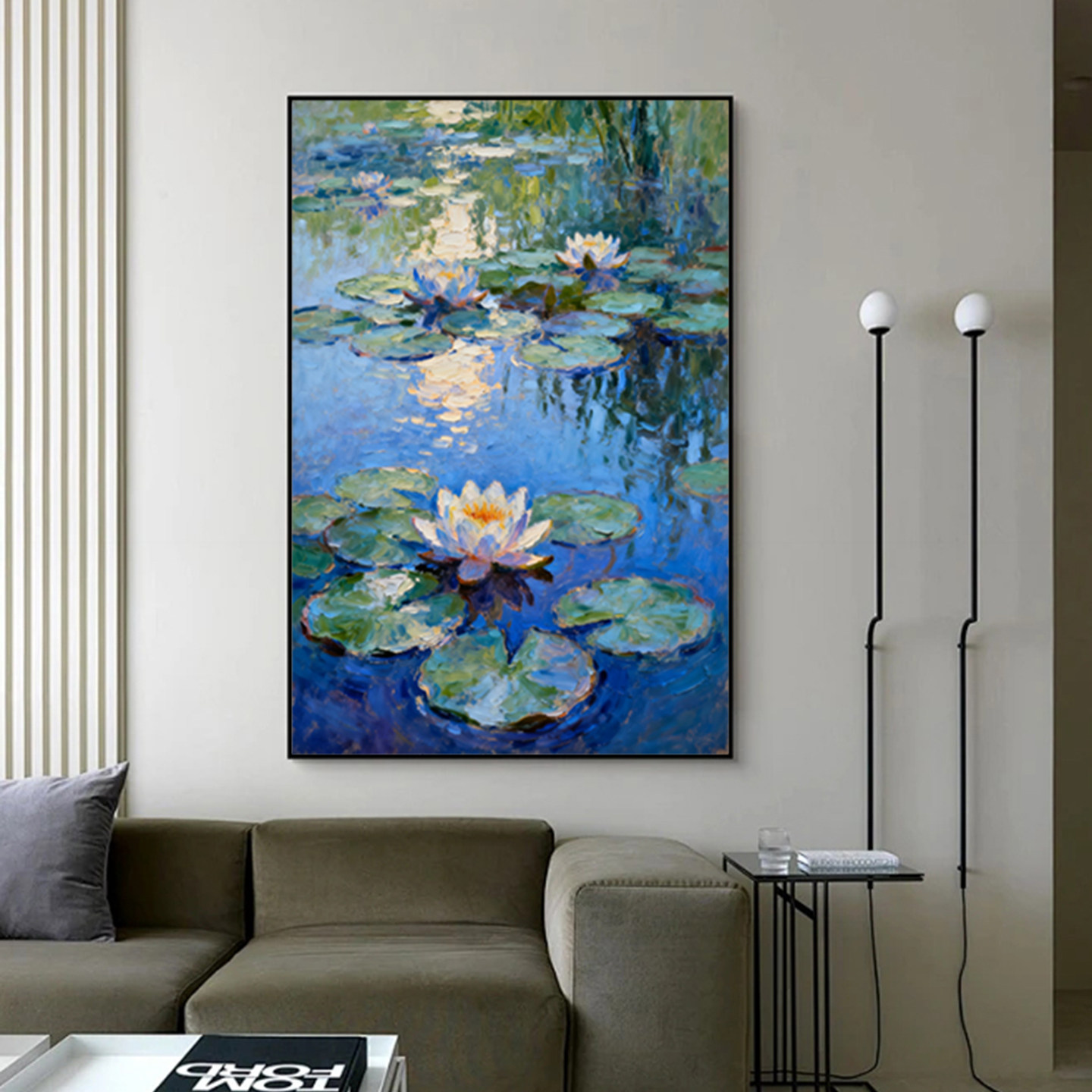 可班手绘油画睡莲水景书房装饰画