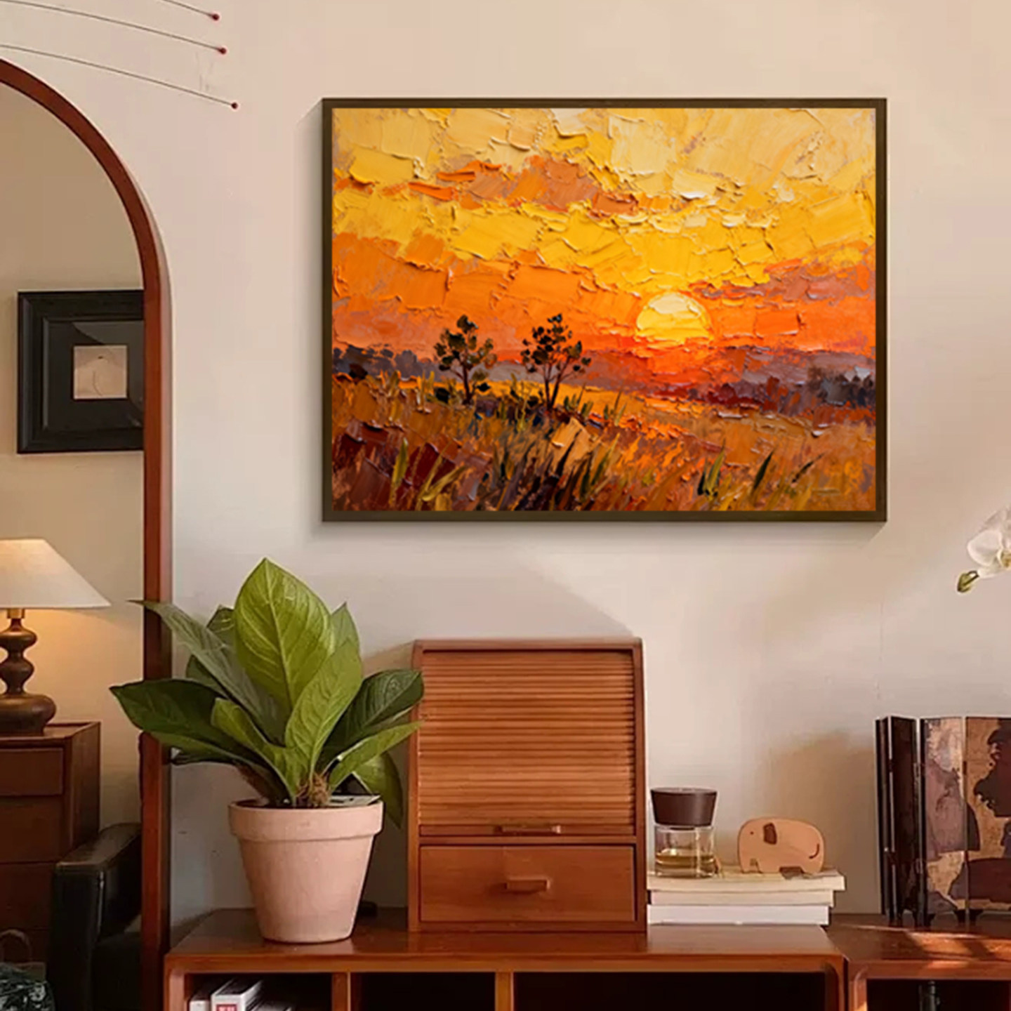 可班手绘油画荒原夕照沙发装饰画