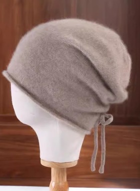 堆堆帽抽绳式100纯羊毛帽子女款针织月子帽2024新款包头冷帽秋冬