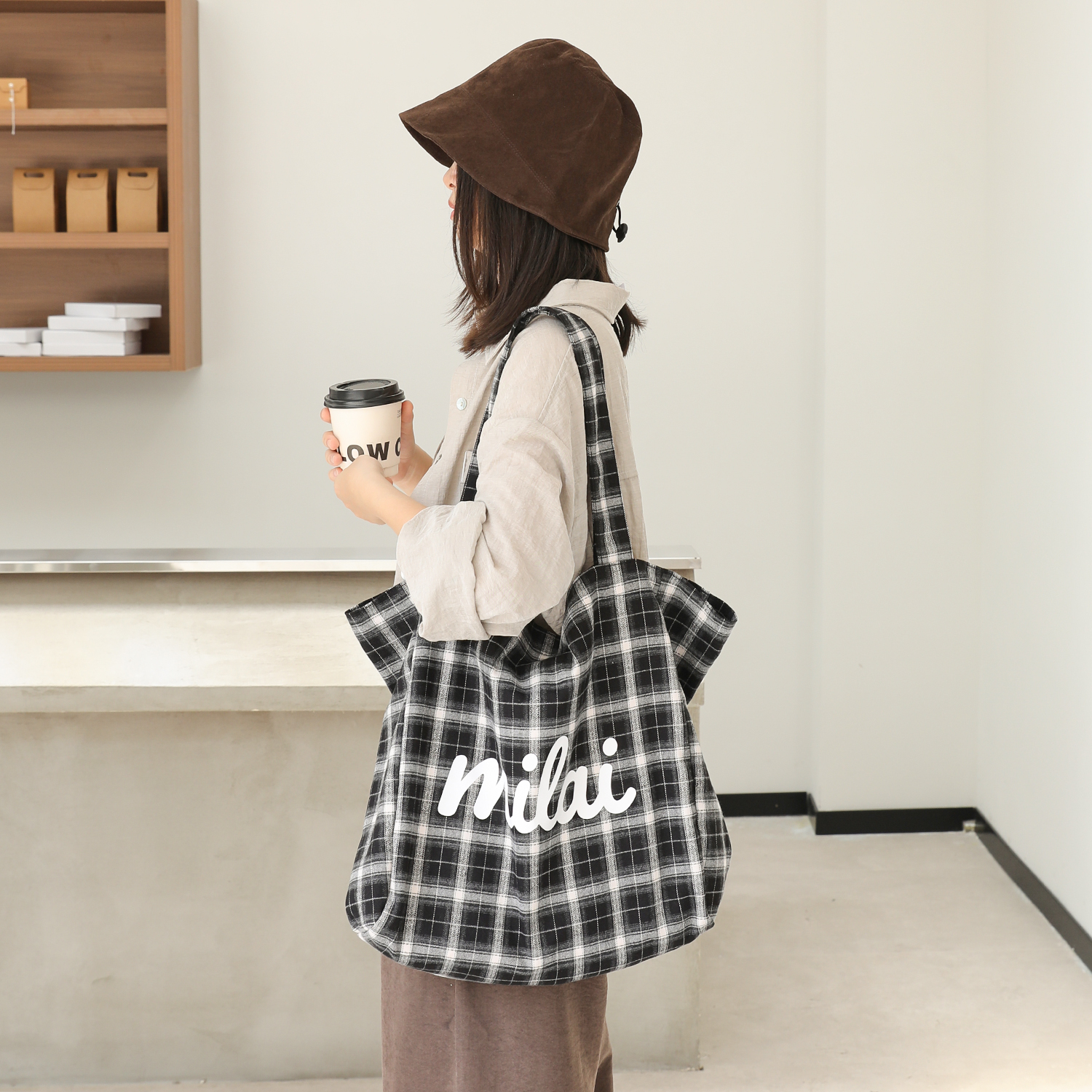 韩系休闲格子托特包女质感