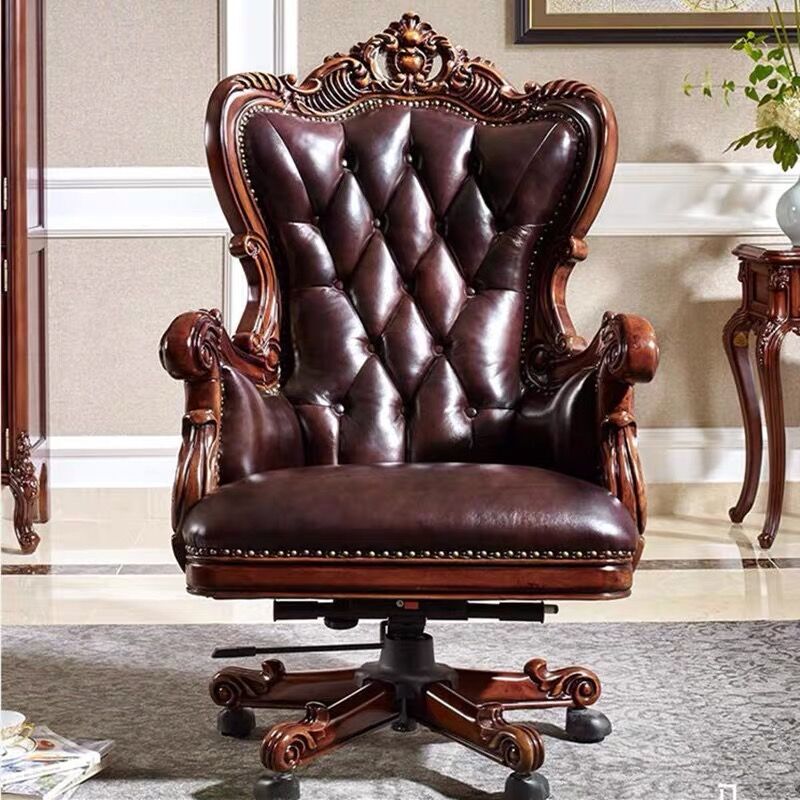 欧式实木电脑椅真皮老板椅转椅主播椅美式书椅办公家用大班椅复古