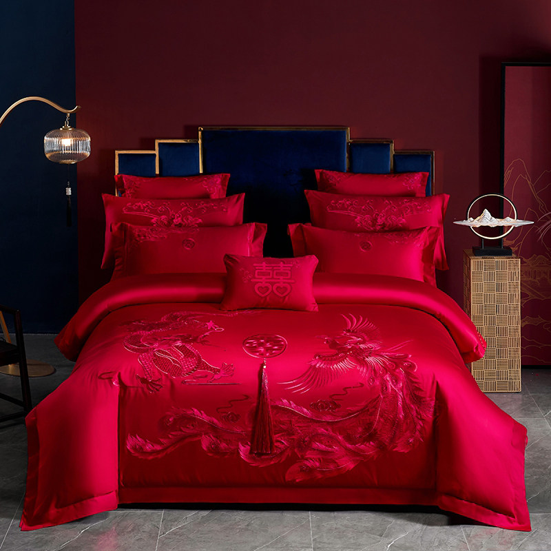 婚庆家纺结婚四件套床上用品大红色全棉龙凤刺绣喜被高档床上用品