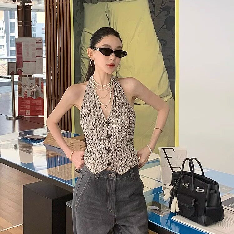 【现货】精致贵气15羊毛小香编织挂脖马甲女单排扣V领气质上衣