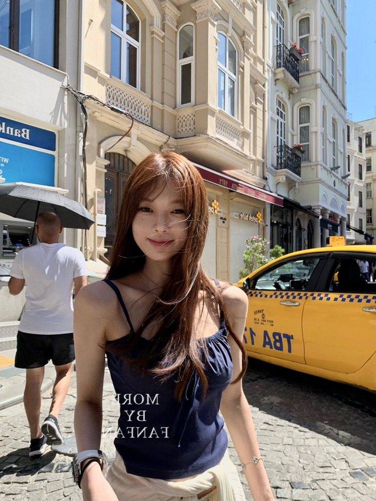 衬衫拼接吊带背心女夏胸前可调节抽绳系带修身收腰上衣