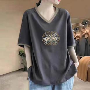 V领短袖 夏季 上衣宽松休闲气质显瘦T恤潮 女装 外贸出口100%纯棉时尚