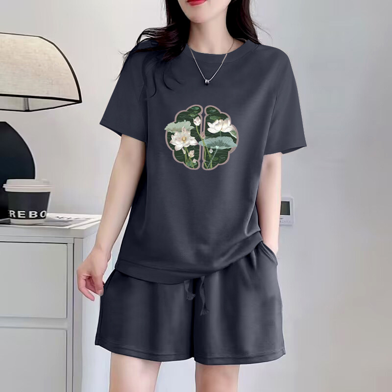 外贸出口清仓100%纯棉时尚套装女夏季韩版短袖T恤休闲运动两件套
