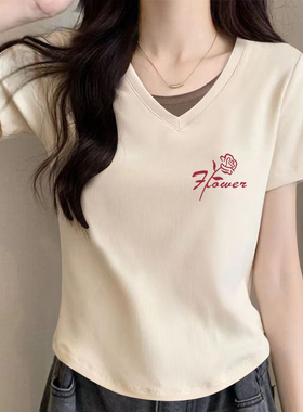 外贸出口清仓纯棉假两件短袖t恤女夏季新款时尚气质V领显瘦上衣潮