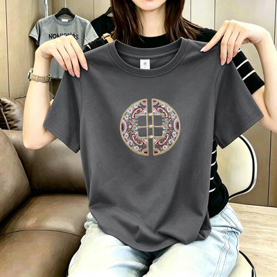 夏季复古新中式印花短袖t恤女