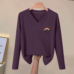 春 打底衫 专柜出口纯棉100%V领时尚 减龄百搭t恤上衣女休闲文艺长袖