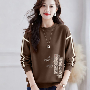 外贸出口秋冬长袖 圆领文艺减龄休闲纯棉上衣 印花卫衣女士宽松大码