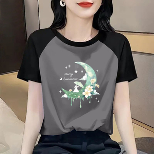 纯棉宽松撞色显瘦上衣 t恤女夏季 外贸出口美式 复古高级感百搭短袖