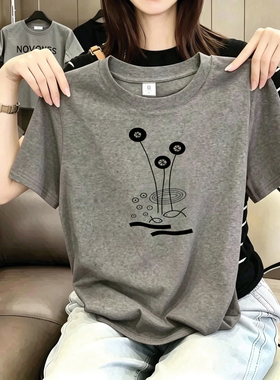 夏季韩版纯棉短袖t恤女时尚百搭洋气高级设计感灰色薄款显瘦上衣