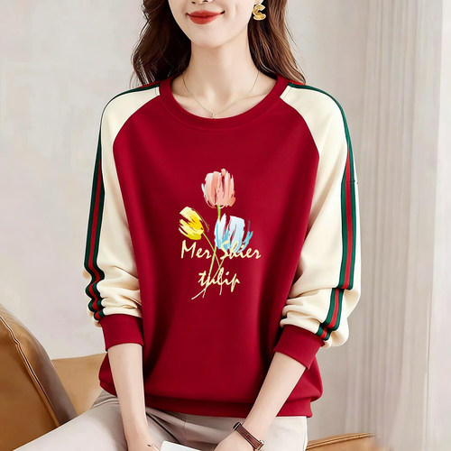 纯棉圆领休闲长袖卫衣女春秋