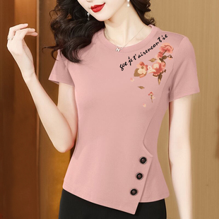 遮肚全棉显瘦上衣潮 女高档外穿T恤大码 外贸出口夏季 纯棉上衣短袖