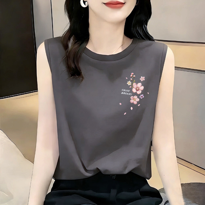 纯棉大码显瘦藏肉无袖印花背心女
