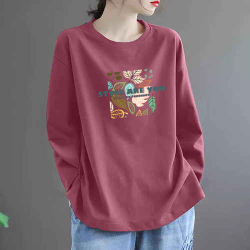 大码女装纯棉长袖印花上衣