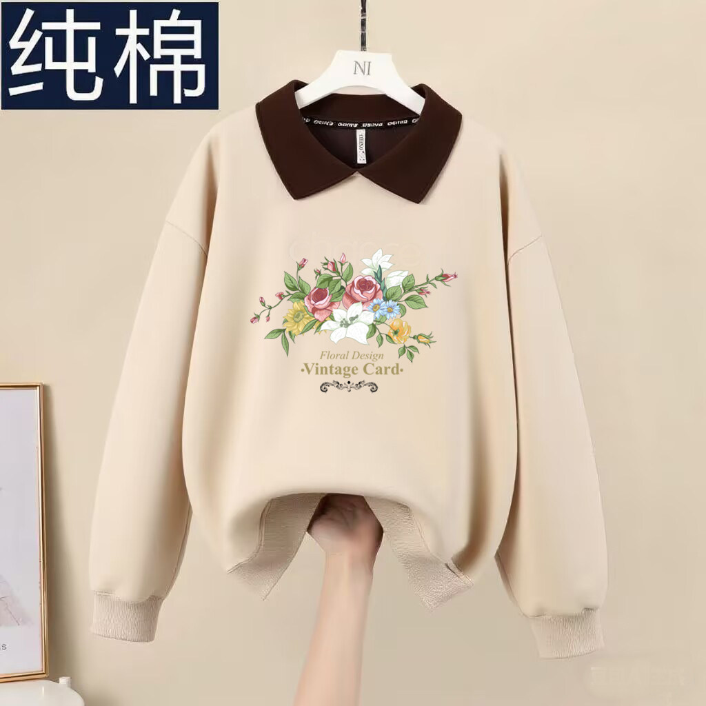 意大利出口休闲洋气翻领长袖印花卫衣女2026新款纯棉大码显瘦上衣,女装/女士精品,大码内搭,淘宝优惠券,粉丝福利购,淘宝优惠卷