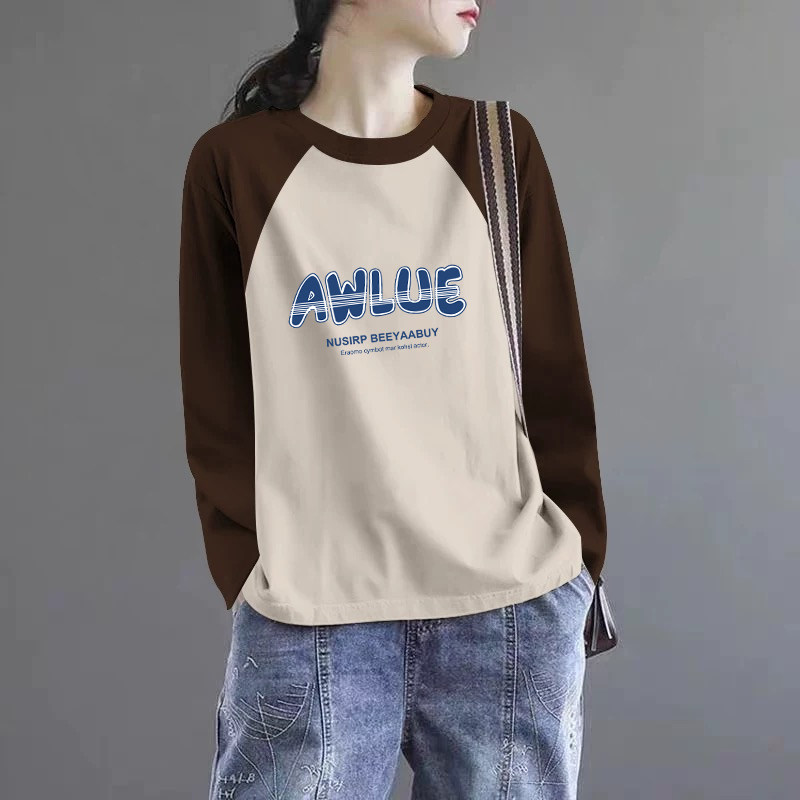 专柜出口纯棉100%圆领时尚减龄撞色百搭上衣春秋洋气女士印花t恤