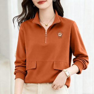 显瘦上衣 大码 外贸出口纯棉100%休闲拉链洋气长袖 卫衣女秋减龄时尚