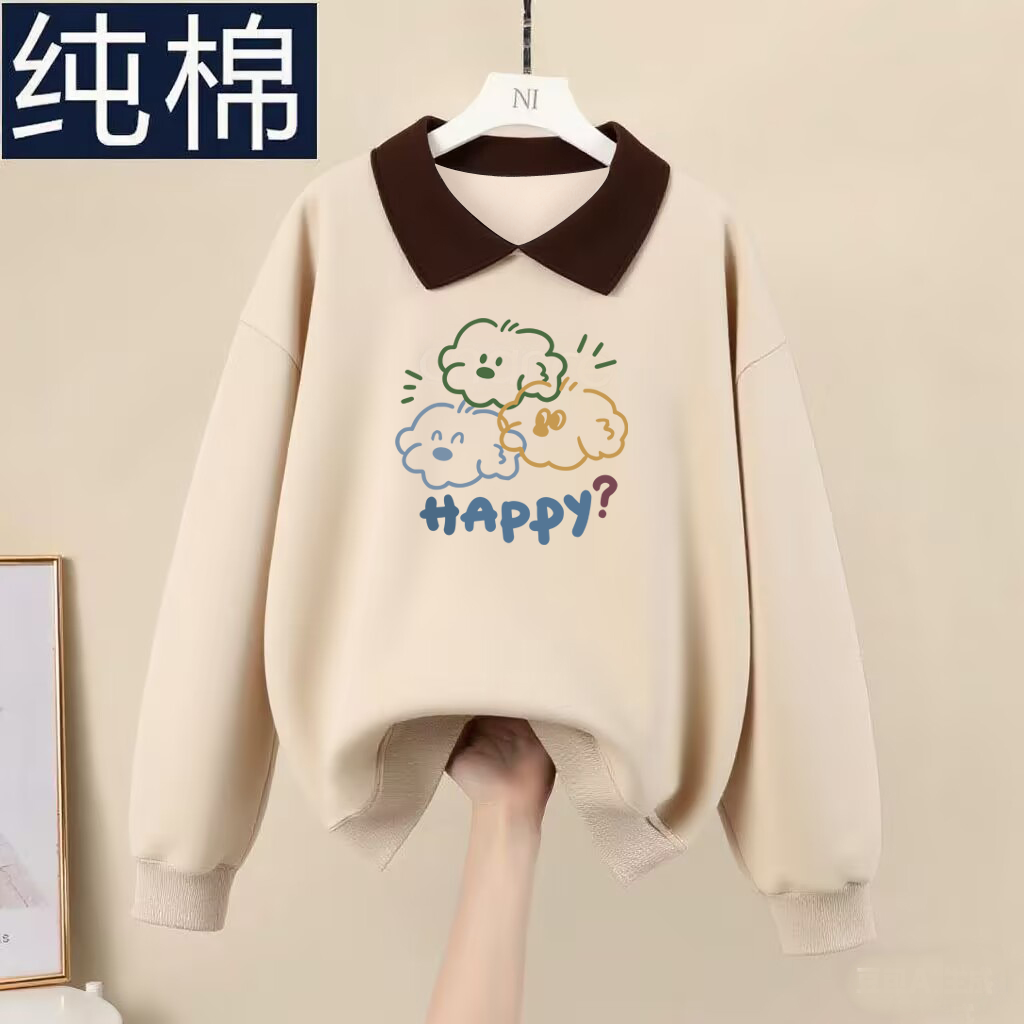专柜出口文艺休闲polo领长袖卫衣女秋冬时尚翻领上衣纯棉打底衫潮