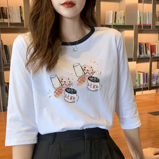 休闲减龄撞色圆领打底衫 外贸大牌清仓纯棉七分袖 T恤女士上衣韩版