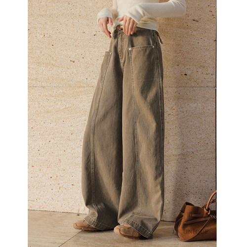 JWUNIQUE酒窝 Easypants·灰霭 灰绿色复古阔腿牛仔裤女直筒长裤