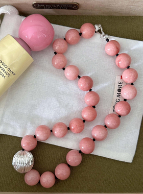 粉色红纹石夏日时髦圆珠串珠项链手工编制项链14MM大珠毛衣锁骨链