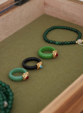 新中式清宫复古绿色黑色琉璃如意戒指国潮指环2025新款显瘦细戒指