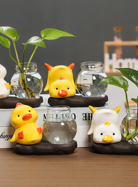 萌鸭玻璃水培花瓶客厅摆件
