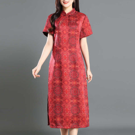 红色重磅真丝花萝香云纱连衣裙中老年女装新中式桑蚕丝礼服旗袍裙
