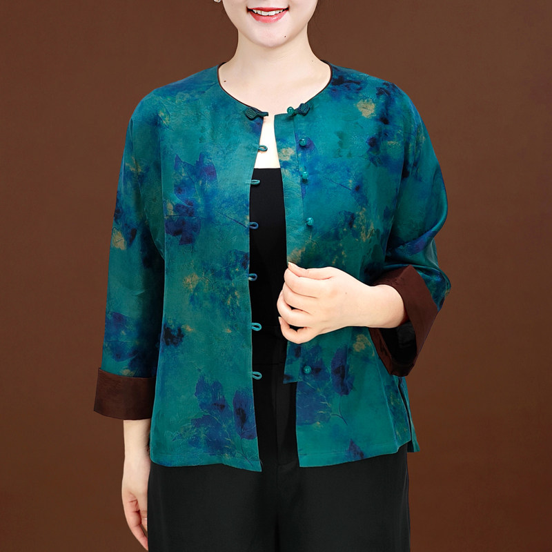 中老年女装真丝香云纱七分袖衬衫